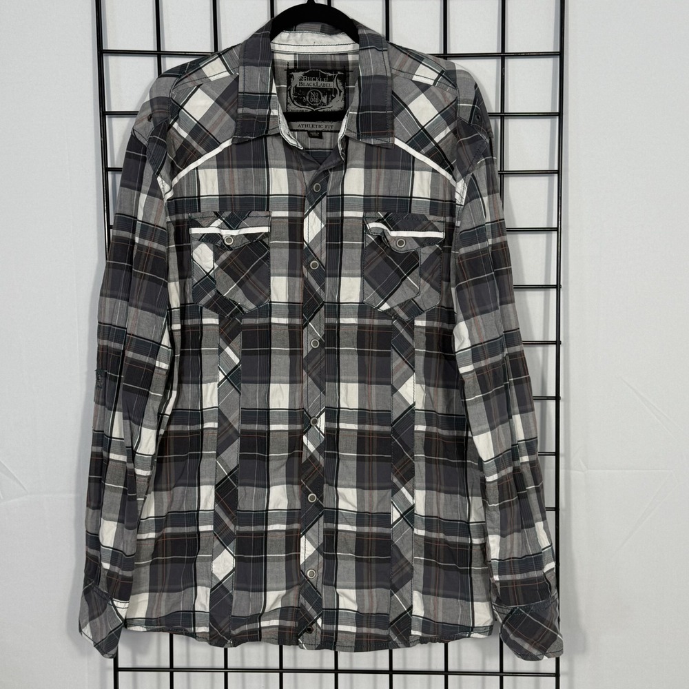 BKE Buckle Black Label Snap Shirt Mens XL Black Plaid Athletic Fit Western